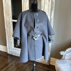 Louis Vuitton gray wool reversible logo cape coat swing belted sz 36